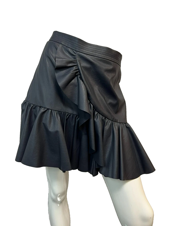 NUEVO CON ETIQUETAS Rebecca Taylor Minifalda de Cuero Vegano con Volantes Azul Marino Forrada con Cremallera Trasera, 6 Foto 2 de 4