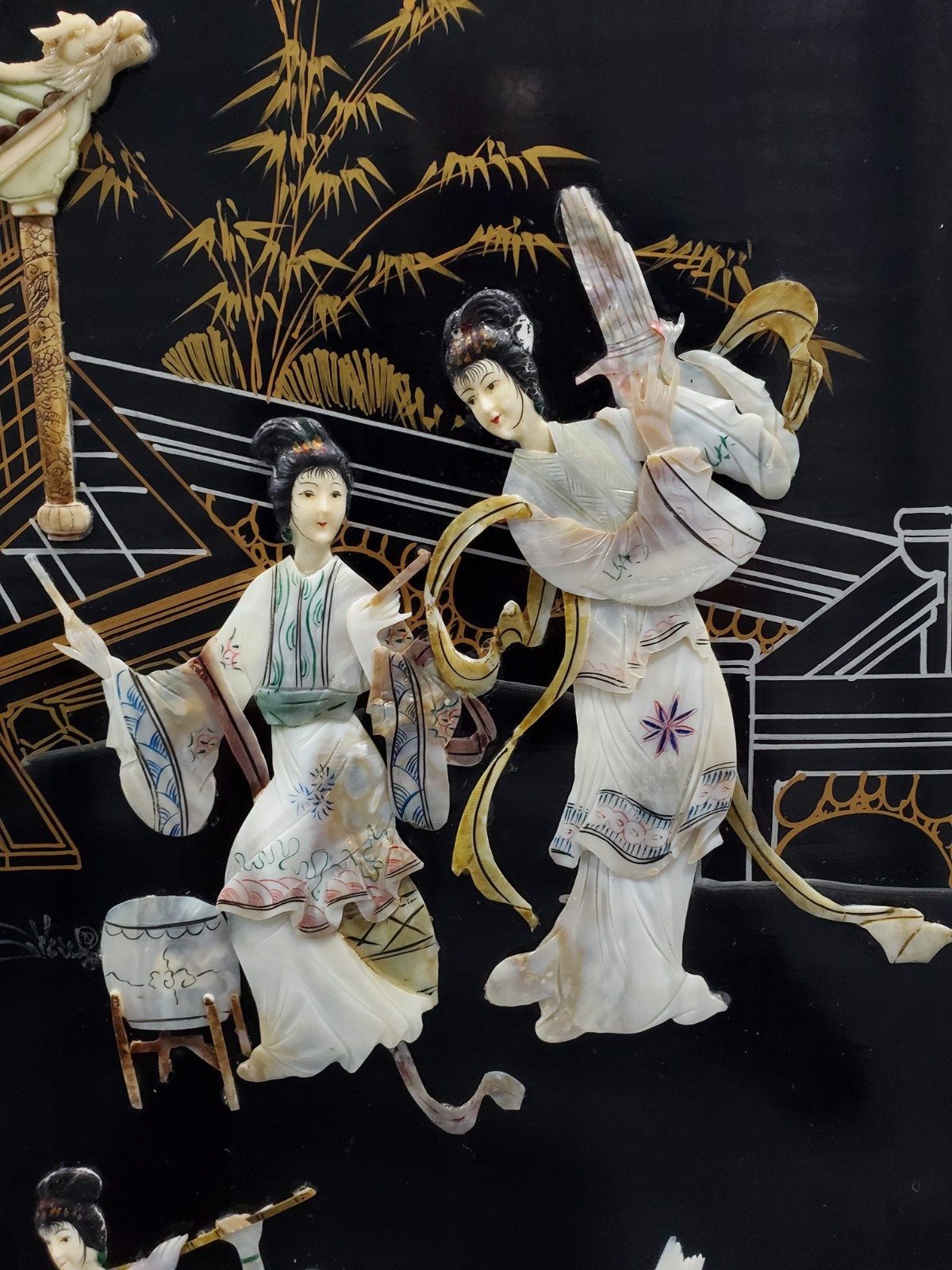 ASIAN CHINESE BLACK LACQUER WALL PANEL MOTHER OF PEARL WOOD MUSIC DANCERS 48x36