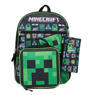 Minecraft Black & Green 5 Piece Backpack Set with Lunch Tote NWT