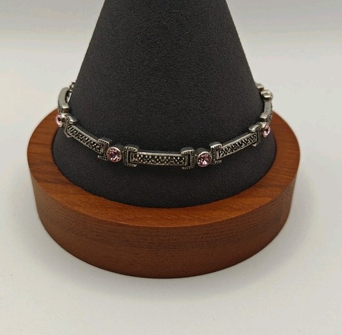 Vtg 13.31g Link Bracelet Sterling Silver Marcasite Pink Stone 8"