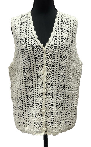Cape Isle Knitters VTG Fan Design Hand Knitted Ivory Cottagecore Crochet Vest M
