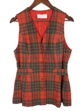 Vintage Pendleton Size 16 Orange Gray Green Plaid Button-Up Lined Wool Vest