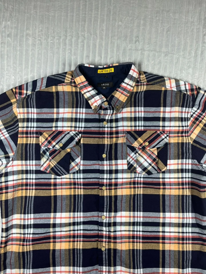 Akoo Button Up Shirt Men's 3XL Plaid Short Sleeve Button Up Dragonfly Embroidery - Image 3 of 4