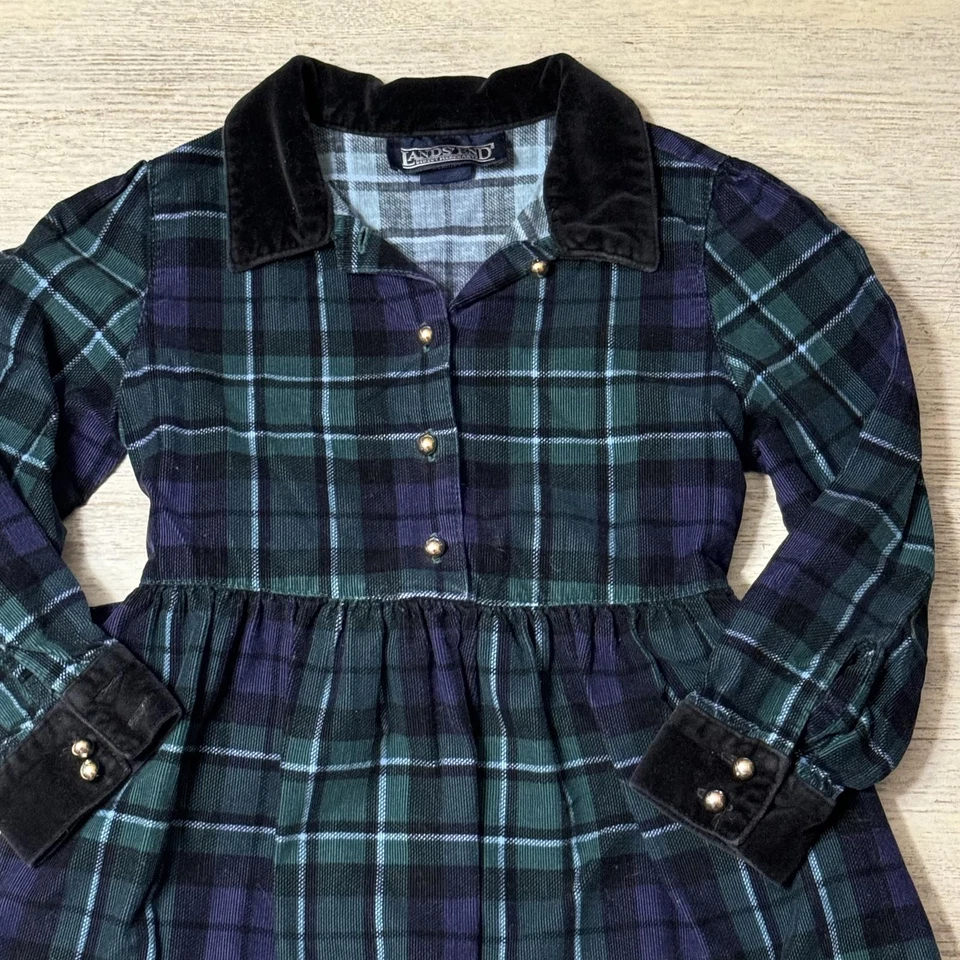 Usado en Excelente Condición Vestido Terciopelo Cuadros Verde Cuello Land End Talla 6 Años Foto 2 de 4
