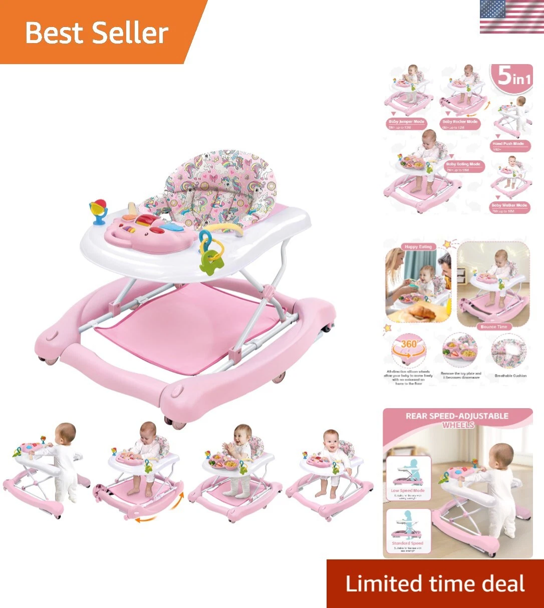 Foldable Baby 5-in-1 Activity Walker - Rocker, Activity Center, Bouncer, Seat...