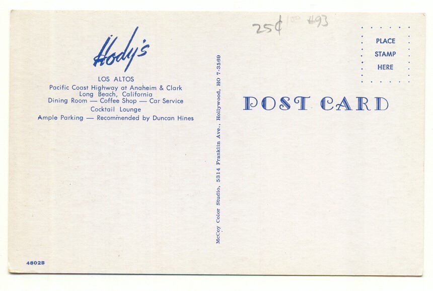 Los Altos CA Hody's Restaurant Cocktail Lounge Vintage Postcard
