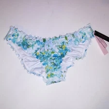 Victoria Secret Swim Bikini Bottom XS Ruffle Cheeky White Blue Floral Scrunch