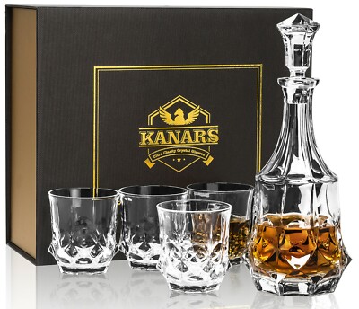Crystal Scotch Decanter Set with 4 Whiskey Glasses in Gift Box for Bourbon Rye