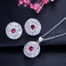 Fashion Brand Round Cut CZ Stone Women Pendant Necklace Red Earrings Jewelry Set