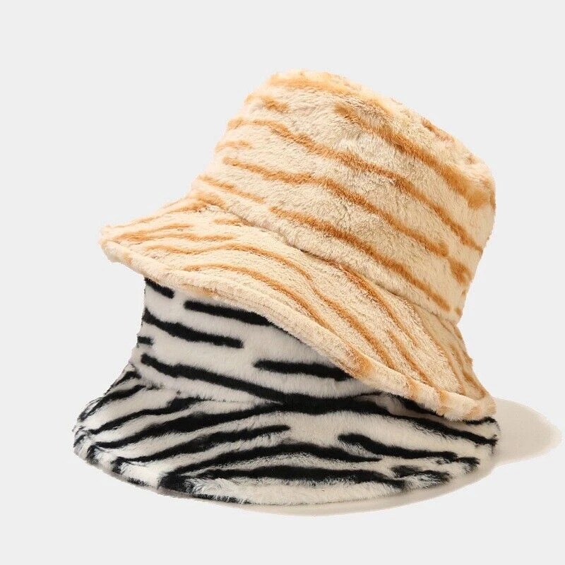 Invierno Mujer Dama Sombrero Cubo Mantener Cálido Imitación Piel Diseño Cebra Suave Sombrero de Pescador Foto 3 de 4