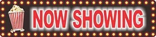 Now Showing Theater Room Sign with Popcorn or Movie Reel 