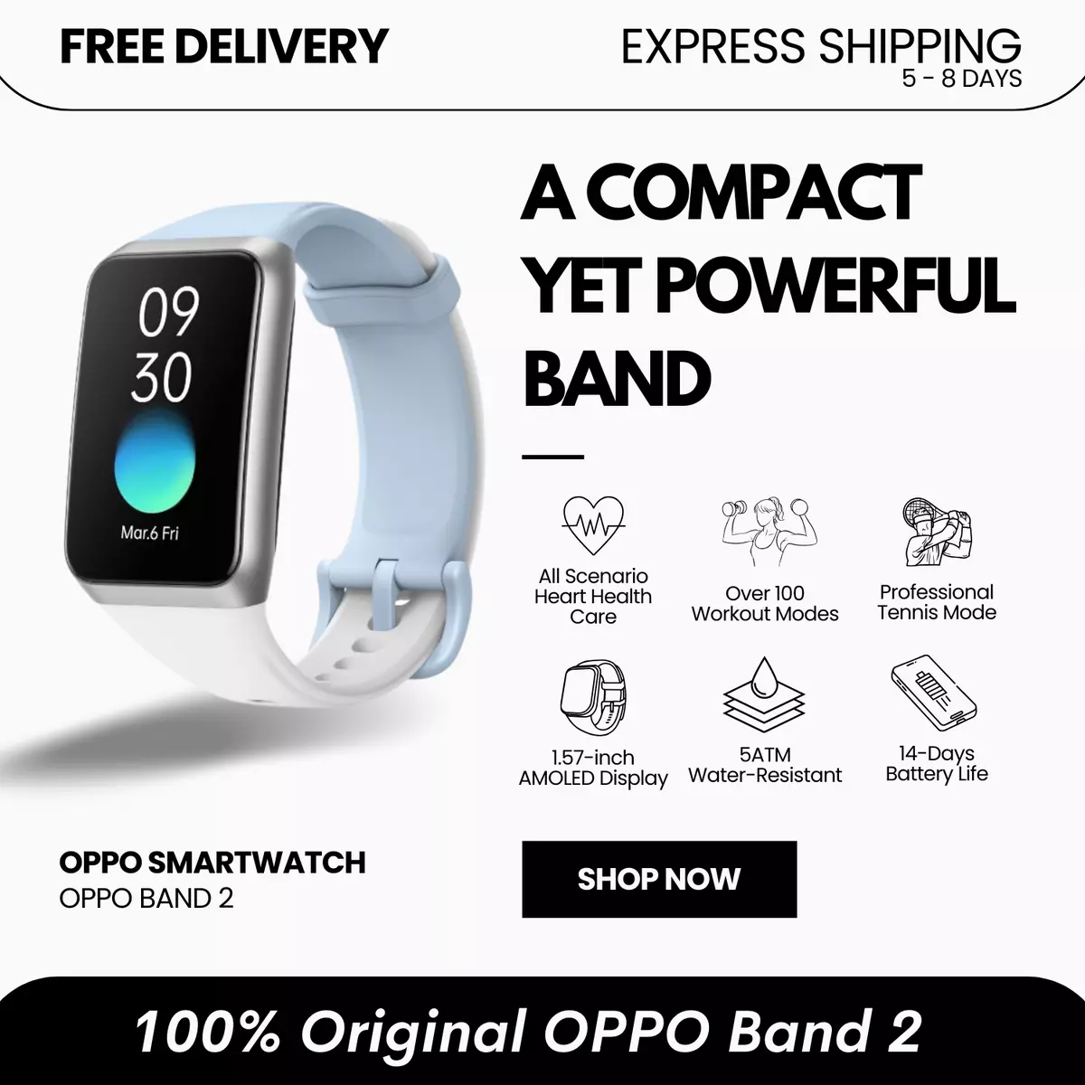 OPPO Band 2 Smart Watch 1.57” 5ATM AMOLED Bluetooth Android iOS BABY BLUE