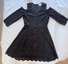 Black Lace Cold Shoulder Dress With Rhinestone Detail Scalloped Hem & Zipper Clo