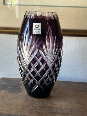 Large Vintage Bohemia Amethyst Cut Crystal Flower Vase 10  AJKA Made In Hungary