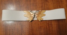 VTG Butterfly Statement Belt White Elastic Gold Enamel Waist Cinch Fairycore 80s