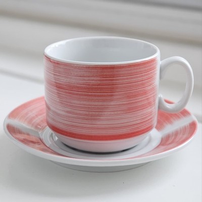 Elegant Porcelain Teacup & Saucer Set   Brush Red Stripe | 220 ml (7oz)