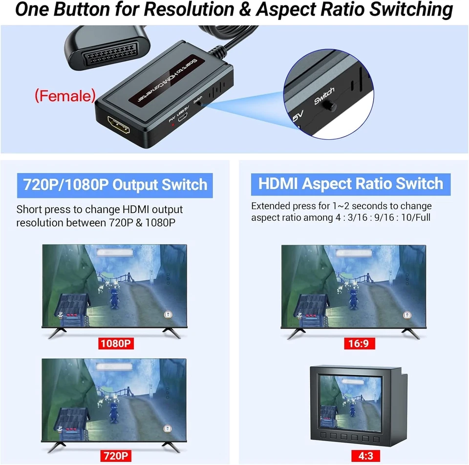 Scart auf HDMI Konverter weiblich 720p 1080p HDMI Vollseitenverhältnis - Bild 4 von 4