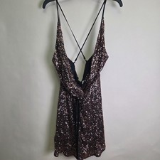 ASTR The Label Sequin Mini Dress Black Gold Cowl Neck Strappy Back Party XL