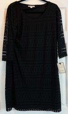 NWT Dana Buchman Black Mesh Lace Overlay Lined 3/4 Sleeve Dress Women’s Large