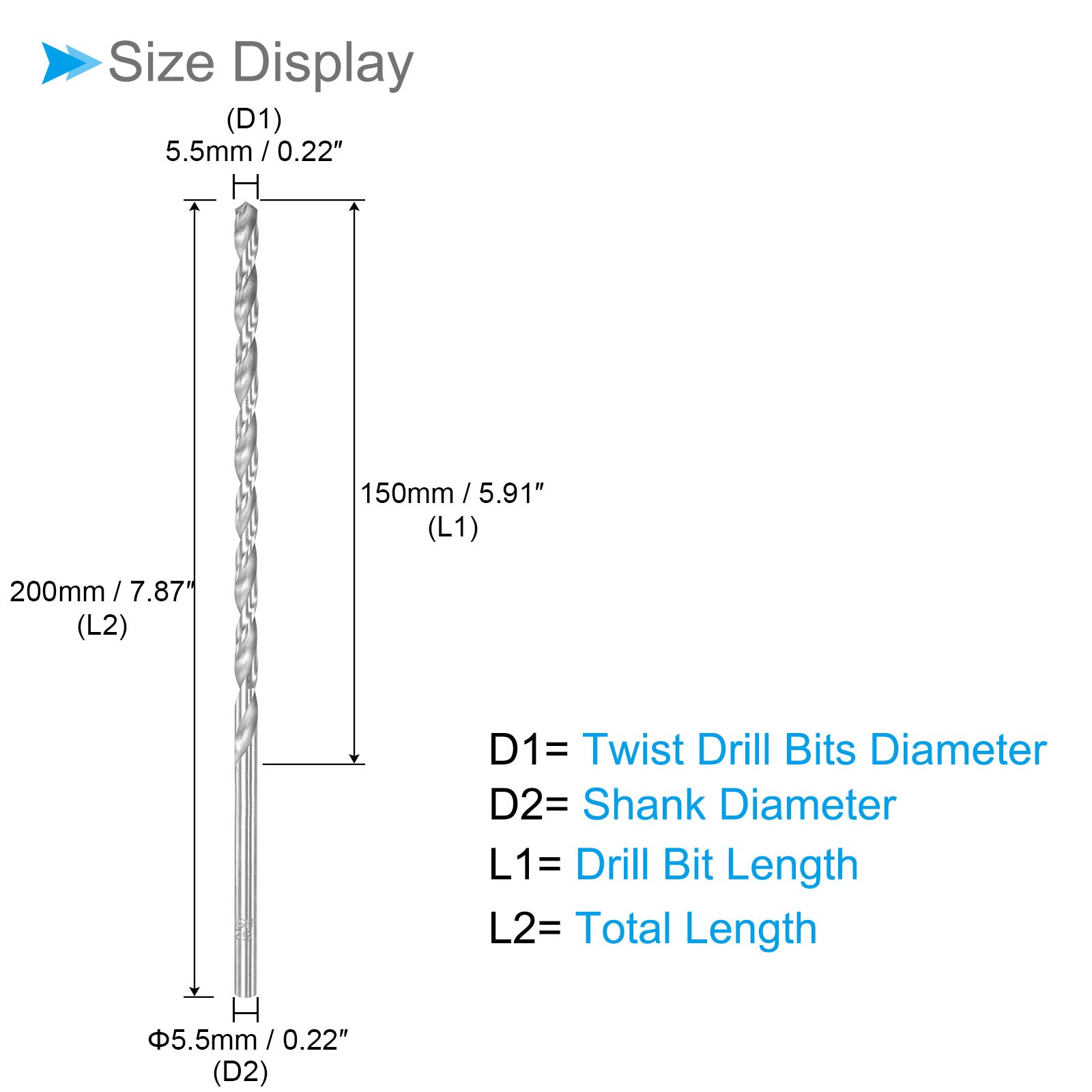 2pcs Extension High Speed Steel Straight Jobber Drill Bits 5.5mm Dia 200mm Long