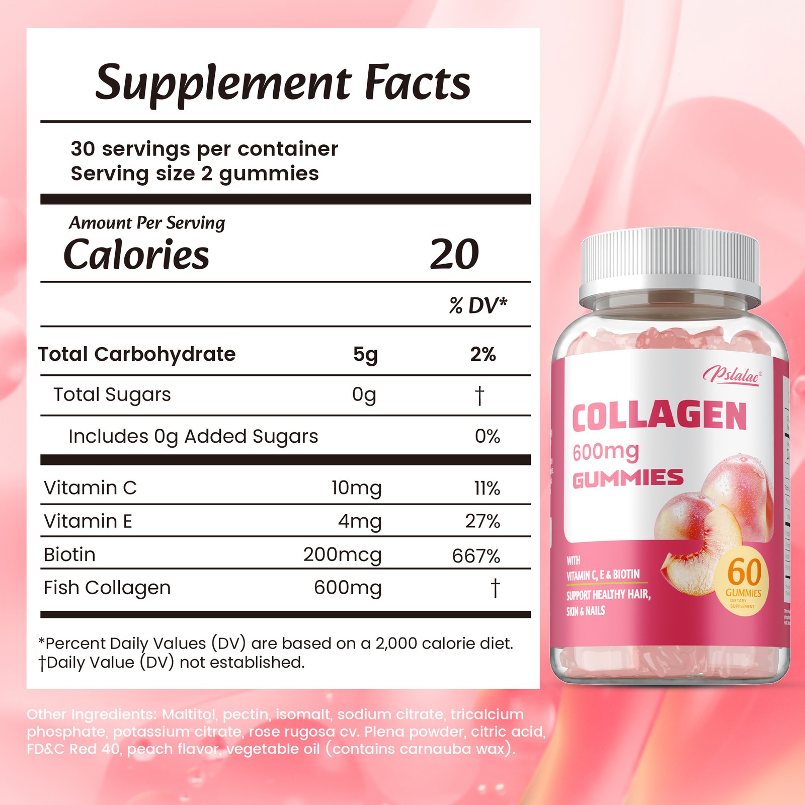 Collagen Gummies 600mg - Vitamin C,Biotin- Anti-aging,Healthy Skin and Whitening