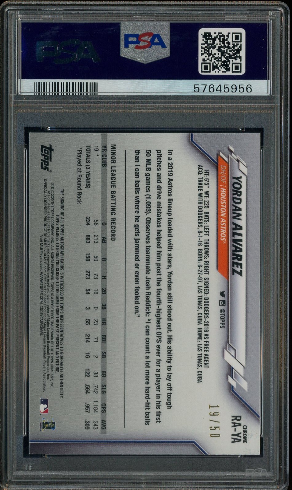 2020 Topps Chrome Gold Refractor Yordan Alvarez RC ON CARD AUTO /50 PSA 10 view 3