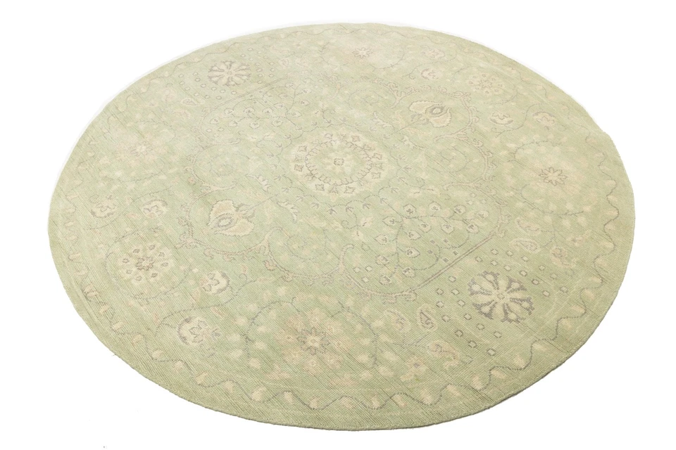 Handmade Muted Light Green Floral Oriental Round Rug Decor Carpet 8X8 ft - Image 3 of 4