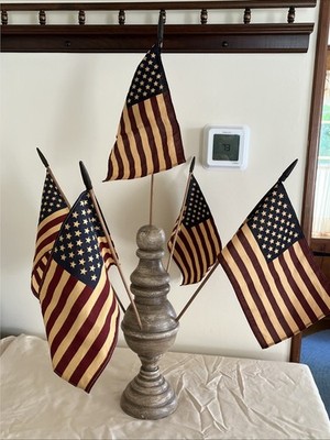 Patriotic Primitive Wooden Finial Flag Holder W/ 5 Tea Stained Flags