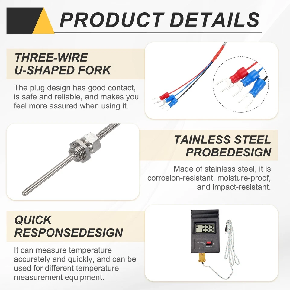PT100 RTD Thermocouple Stainless Steel NPT1/2 -50 to 500C 6.6ft 4x100mm - image 3 of 4