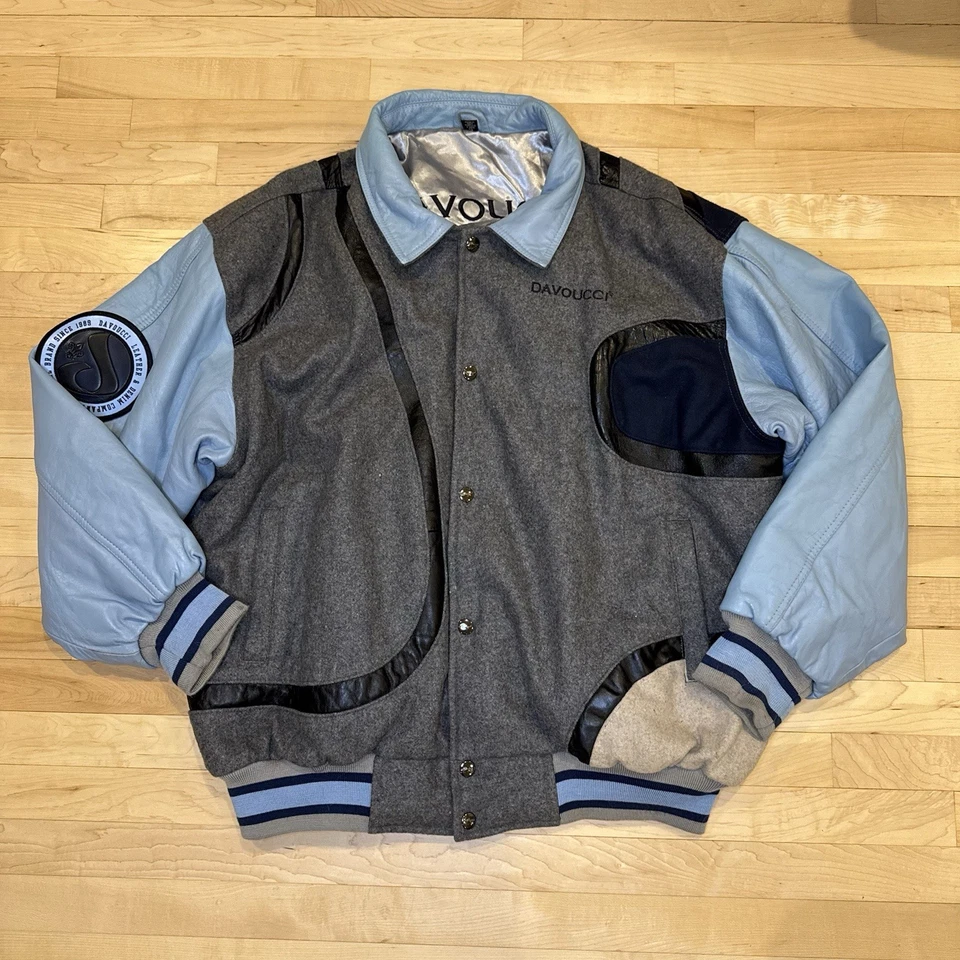 Vintage Davoucci Men’s 4XL Leather Varsity Bomber Jacket Hip Hop 90s Blue Gray - Image 2 of 4