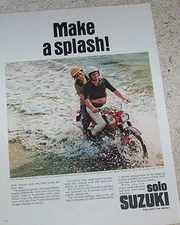 1967 ad page - Solo Suzuki motorcycles - guy & girl -Make a Splash- PRINT AD
