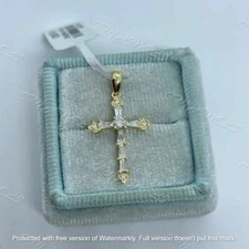 1Ct Baguette Cut Diamond Cross Pendant 14K Yellow Gold Finish 18" Free Chain