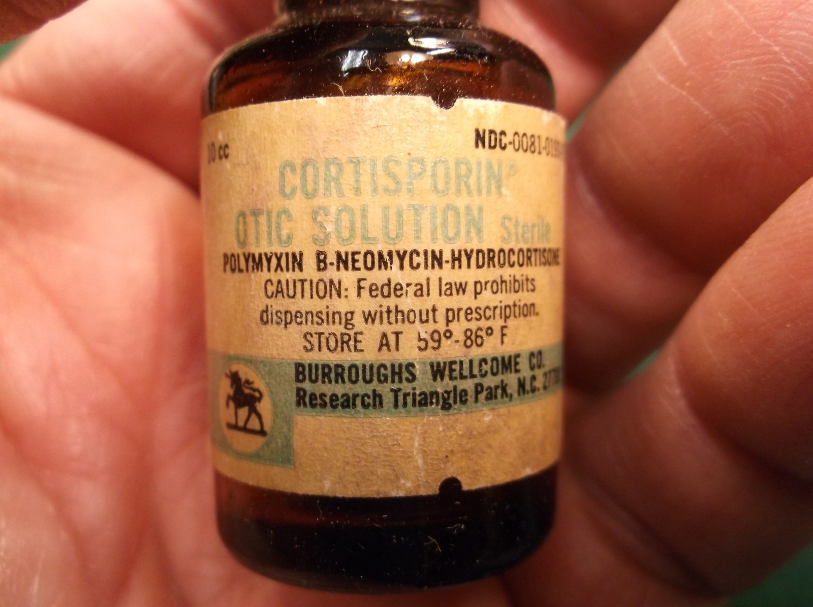 VTG ANTIQUE MEDICINE BOTTLE "CORTISPORIN OTIC SOLUTION" BURROUGHS