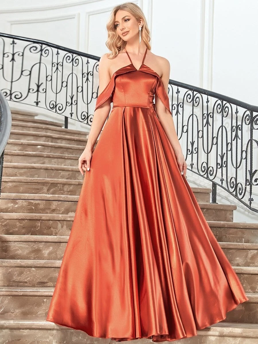 Ever Pretty Satin Cold Shoulder Floor Length Evening Dress