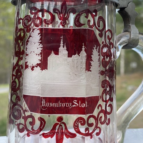 Antique Ruby Red Cut to Clear Glass Beer Stein Germany Bohemian Rosenborg Castle - Picture 22 of 24
