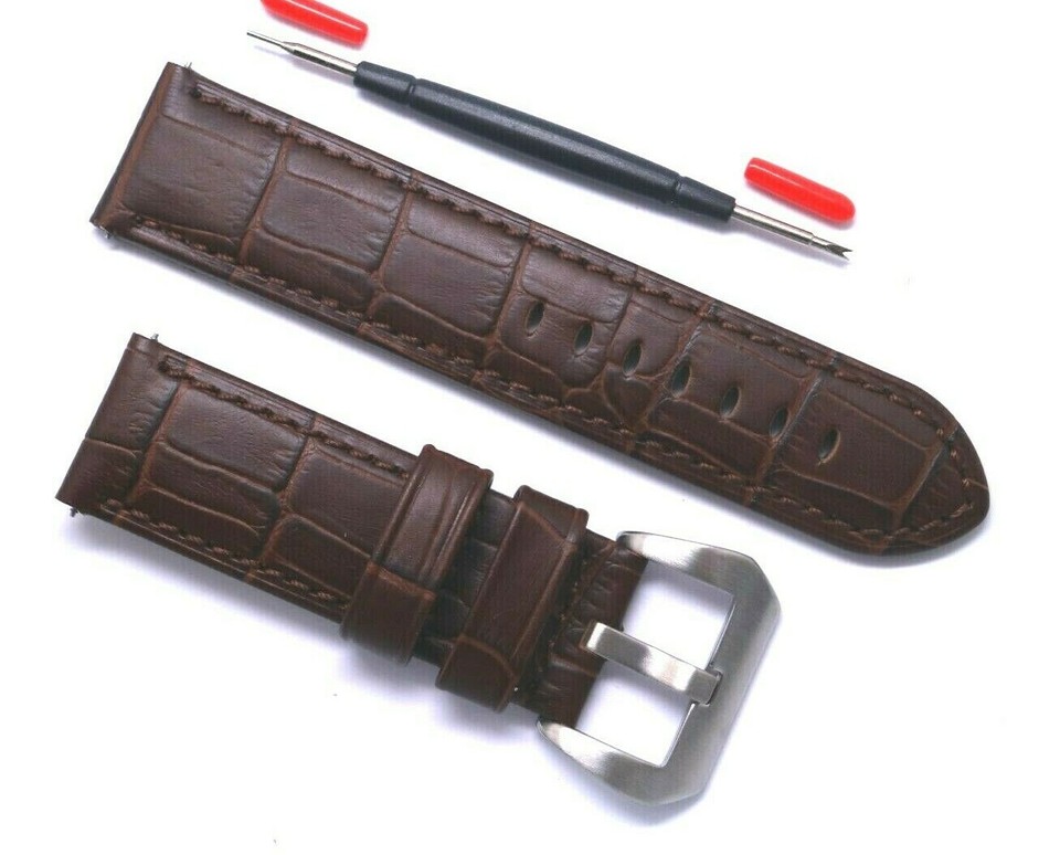 24mm Brown Croco Embossed Leather Replacement WatchBand W/Spring Bar ...