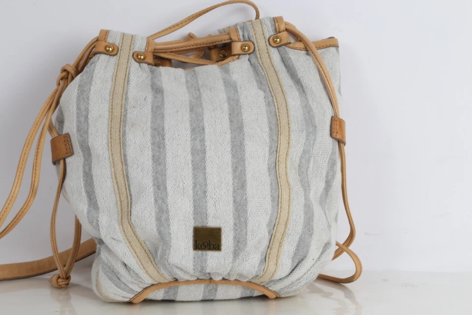 KOOBA Beige Striped Canvas Leather Bucket Bag - Image 4 of 4