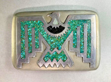 Zuni; Pinto. Thunderbird Silver overlay, chip Inlay Belt Buckle. Vintage. 221