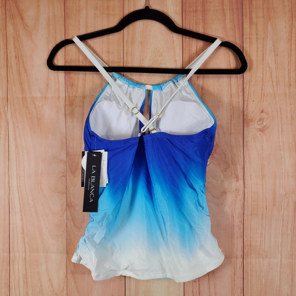 Camiseta Tankini La Blanca Ocean para Mujer 4 Azul Blanco Nylon Elastizada Ojo de Cerradura Cuello Alto Foto 2 de 4