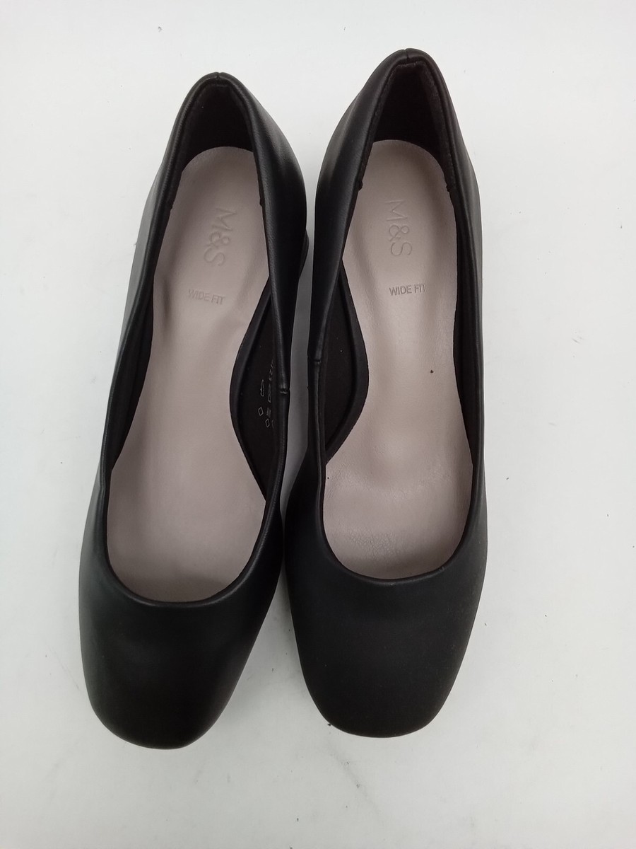 M&S Wide Fit Vegan Square Toe Block Heel Court Shoes In Black Size NWOT  F2