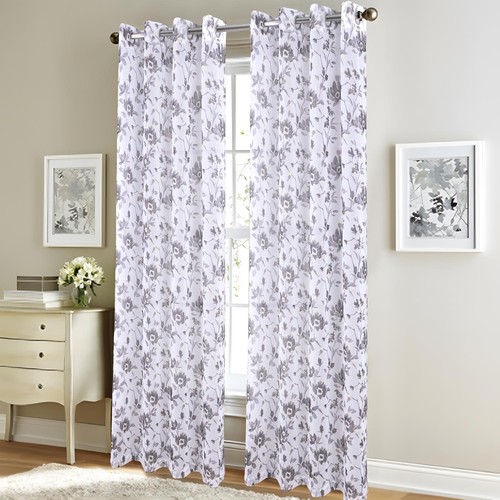 RT Designers Collection Meadow Metallic Printed Curtain Panel Grey - Picture 2 of 13