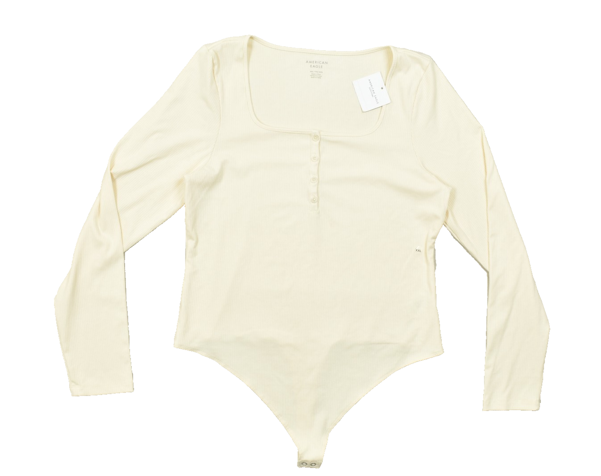 American Eagle Bodysuit Women XXL Ivory Ribbed Long Sleeve Henley
