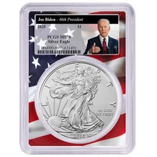 2020 $1 1-oz American Silver Eagle PCGS MS70 Biden 46th President Label Flag