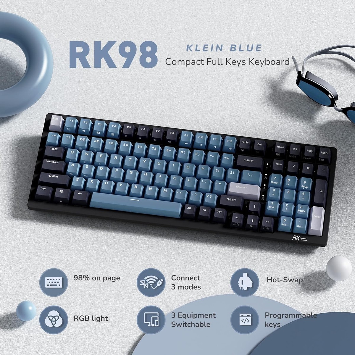 RK ROYAL KLUDGE RK98 Wireless Mechanical Keyboard, Hot Swap Red