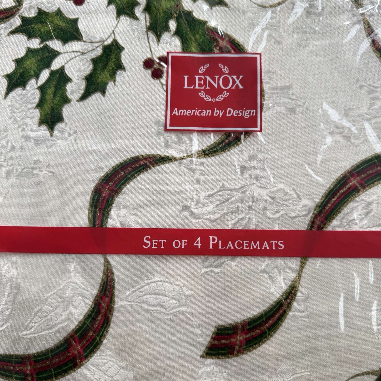 NEW Lenox 4 Cloth Placemats Holiday Nouveau Christmas Holly Plaid 18”x13” VTG