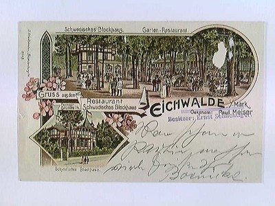 AK Eichwalde i. Mark, Restaurant Schwedisches Blockhaus, Lithografie, gelaufen 1