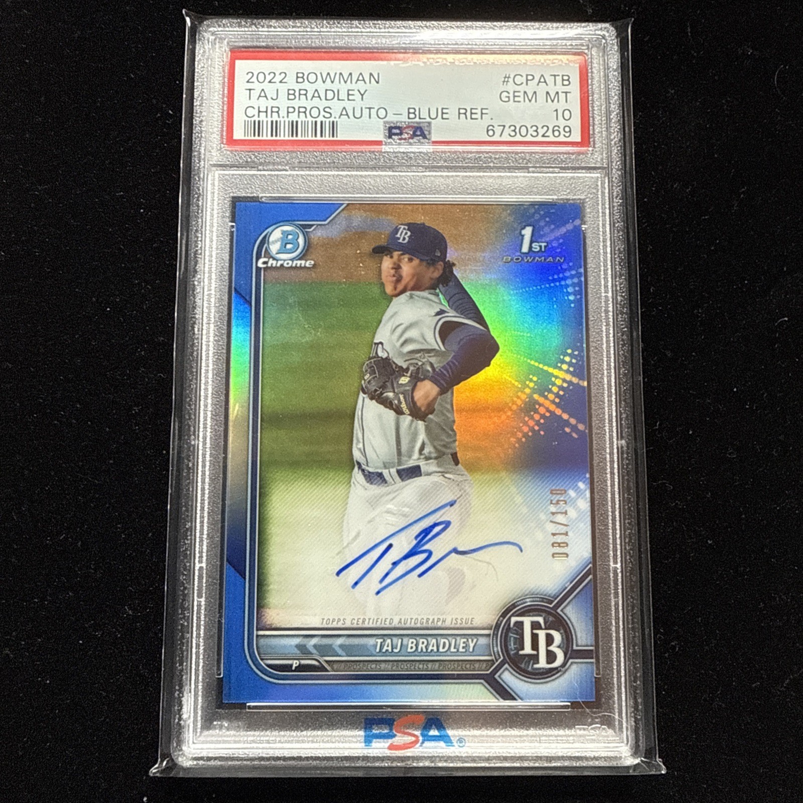 Taj Bradley 2022 Bowman 1st Chrome Blue Refractor Auto #CPATB /150 PSA 10 Rays