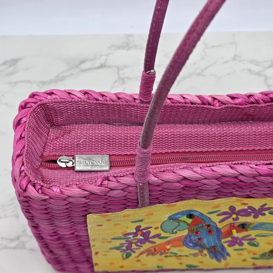 Sun N песок женщин сплетенный сумка с короткими ручками Дамская сумка розовый попугай бисером соломы тропический пляж - Изображение 4 из 4