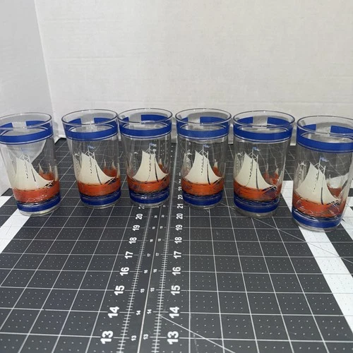 Set of 6 Vintage Anchor Hocking Nautical Sailboat Juice Glasses Tumblers Blue