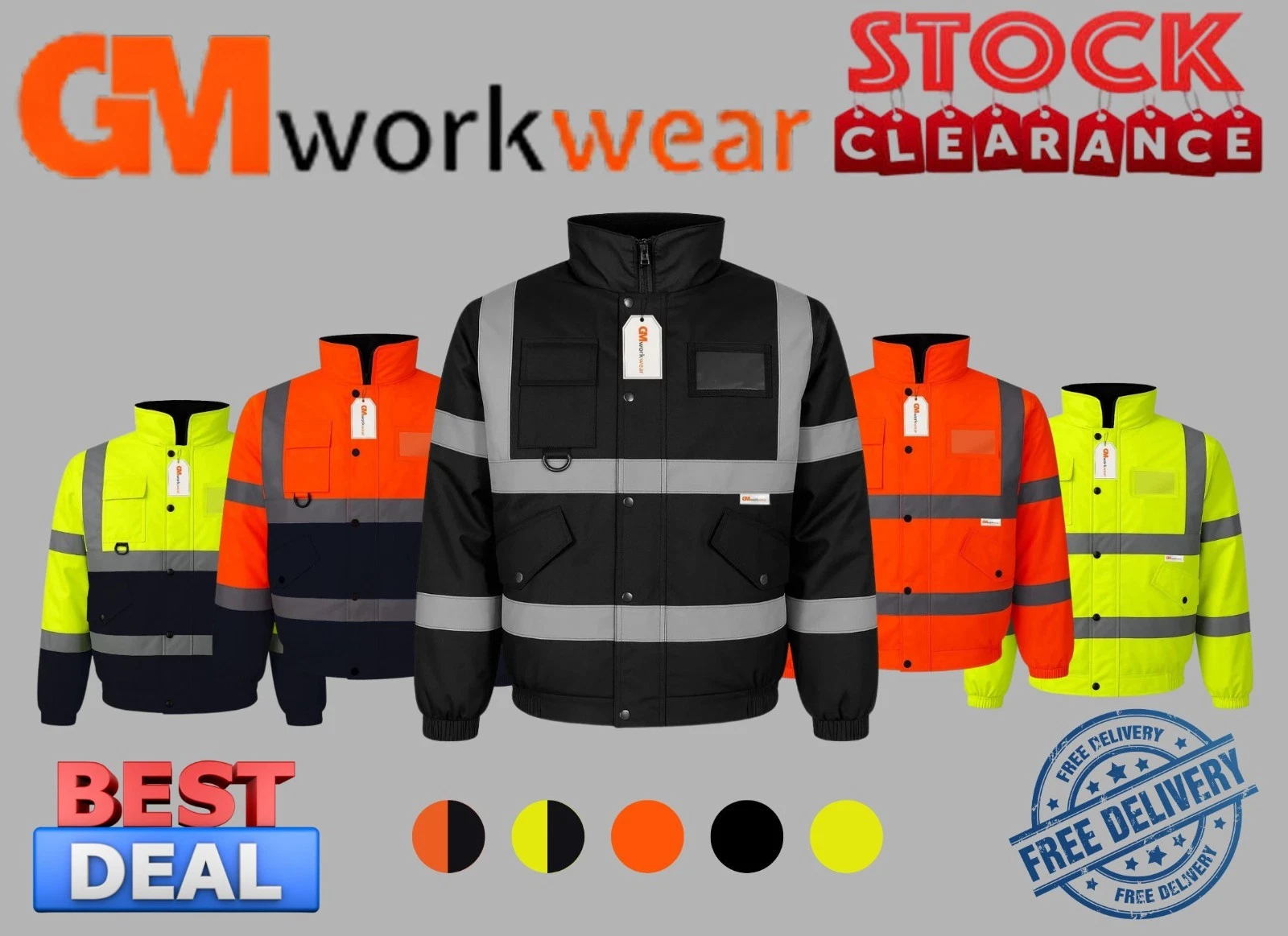 GM Workwear Hi Vis Bomber Jacket Padded Thermal 300D Oxford Storm Proof Safety
